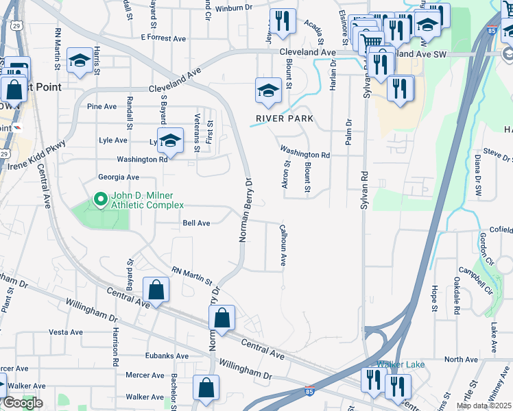 map of restaurants, bars, coffee shops, grocery stores, and more near 1147 Calhoun Avenue in East Point