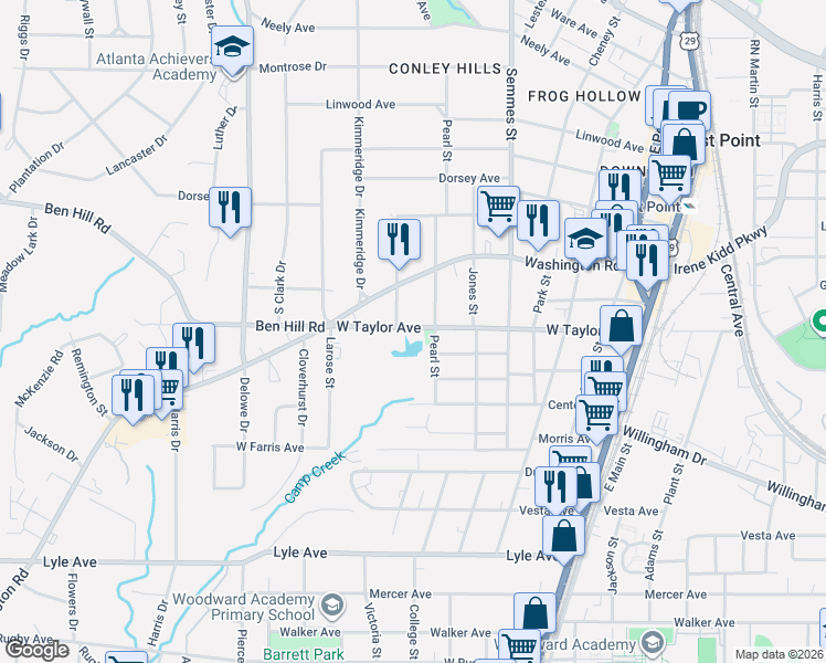map of restaurants, bars, coffee shops, grocery stores, and more near 1912 West Taylor Avenue in East Point