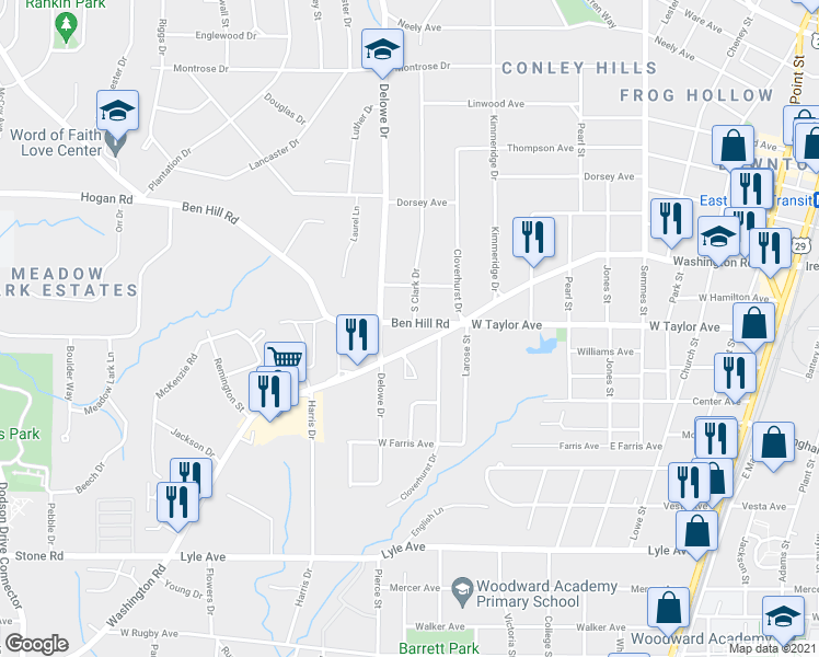 map of restaurants, bars, coffee shops, grocery stores, and more near 2066 Ben Hill Road in East Point