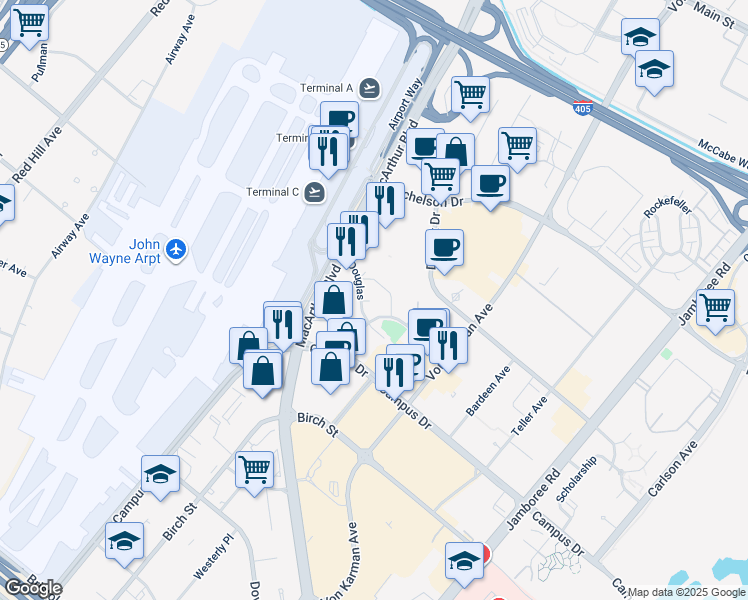 map of restaurants, bars, coffee shops, grocery stores, and more near 18880 Douglas in Irvine