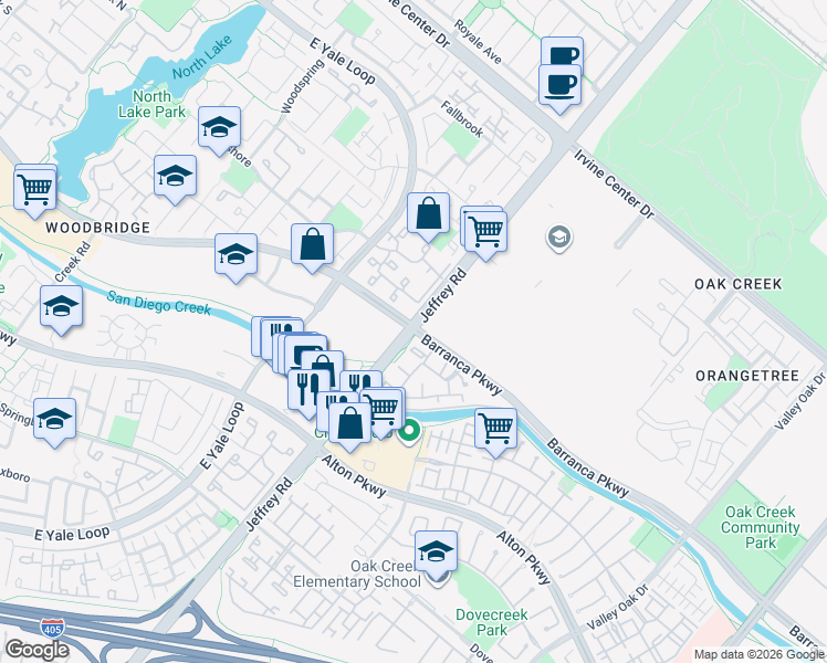 map of restaurants, bars, coffee shops, grocery stores, and more near Jeffrey Rd & Barranca Pkwy in Irvine