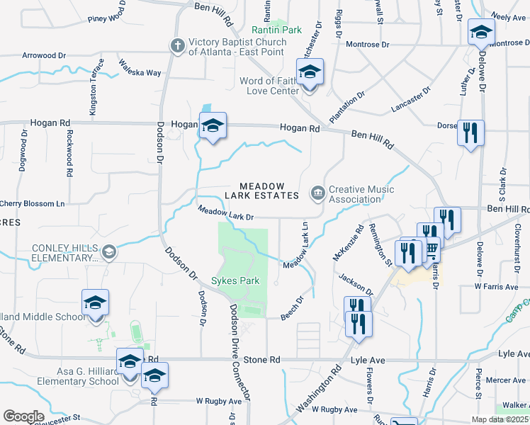 map of restaurants, bars, coffee shops, grocery stores, and more near 2521 Meadow Lark Drive in East Point