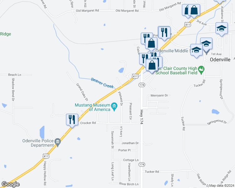 map of restaurants, bars, coffee shops, grocery stores, and more near 229 Pleasant Drive in Odenville