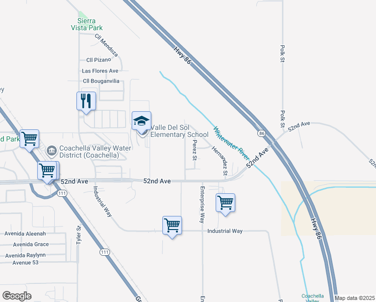 map of restaurants, bars, coffee shops, grocery stores, and more near 51640 La Ponderosa Drive in Coachella