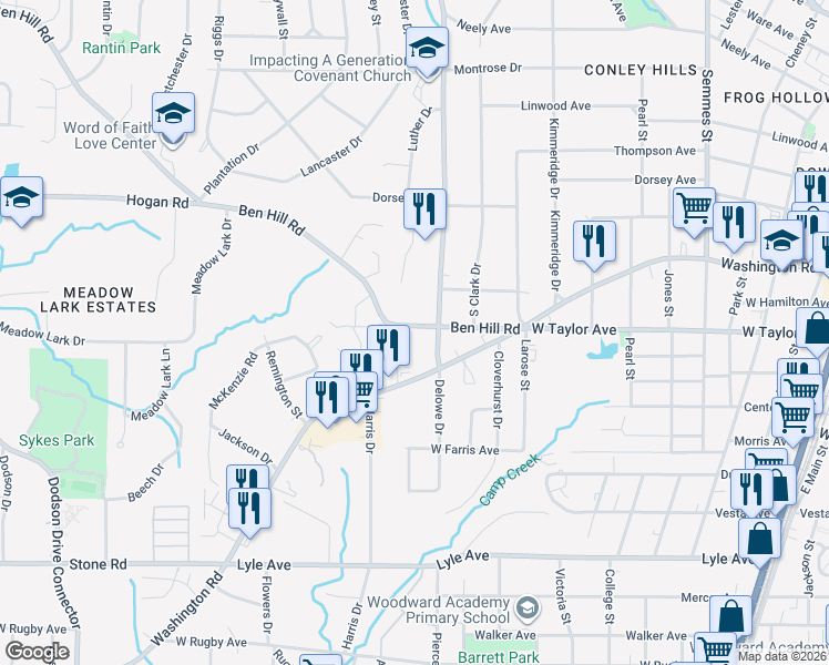 map of restaurants, bars, coffee shops, grocery stores, and more near 2132 Ben Hill Road in East Point
