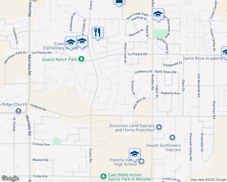 map of restaurants, bars, coffee shops, grocery stores, and more near 30781 Mirage Circle in Menifee
