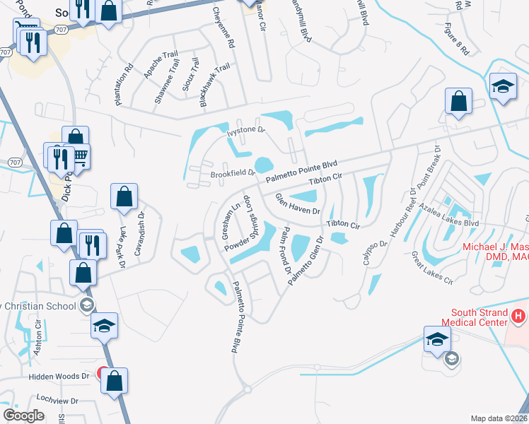 map of restaurants, bars, coffee shops, grocery stores, and more near 193 Tibton Circle in Myrtle Beach