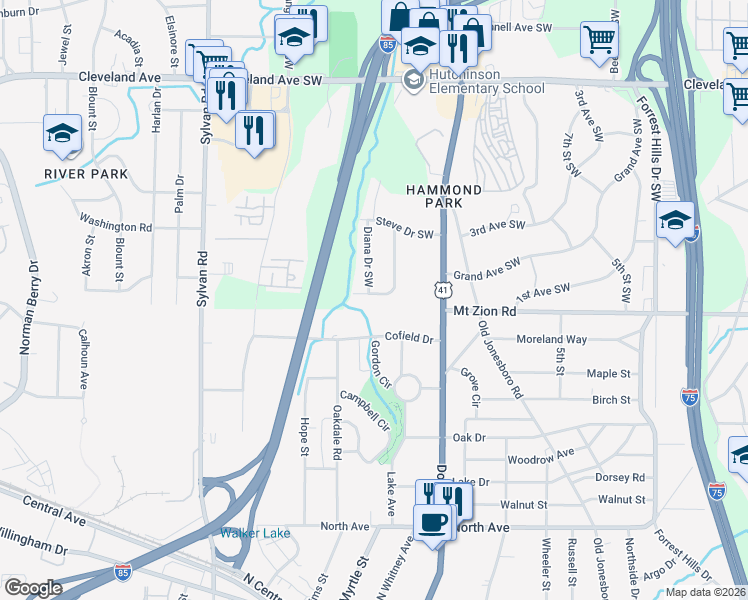 map of restaurants, bars, coffee shops, grocery stores, and more near 3004 Wanda Circle Southwest in Atlanta