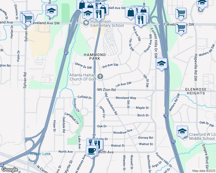 map of restaurants, bars, coffee shops, grocery stores, and more near 2992 Jonesboro Road Southeast in Atlanta