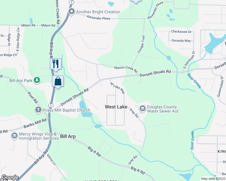 map of restaurants, bars, coffee shops, grocery stores, and more near 4862 W Ridge Dr in Douglasville