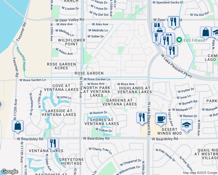 map of restaurants, bars, coffee shops, grocery stores, and more near 20821 North 104th Lane in Peoria