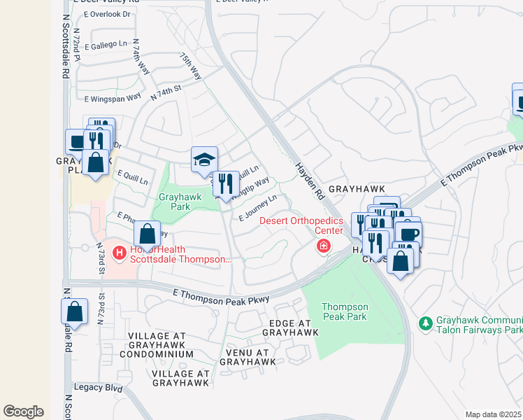 map of restaurants, bars, coffee shops, grocery stores, and more near 7757 East Journey Lane in Scottsdale