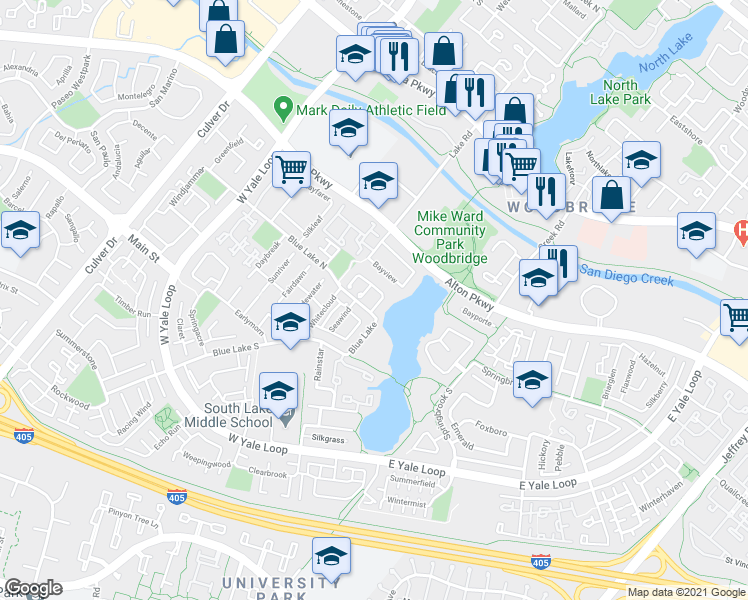 map of restaurants, bars, coffee shops, grocery stores, and more near 5 Rushingwind in Irvine