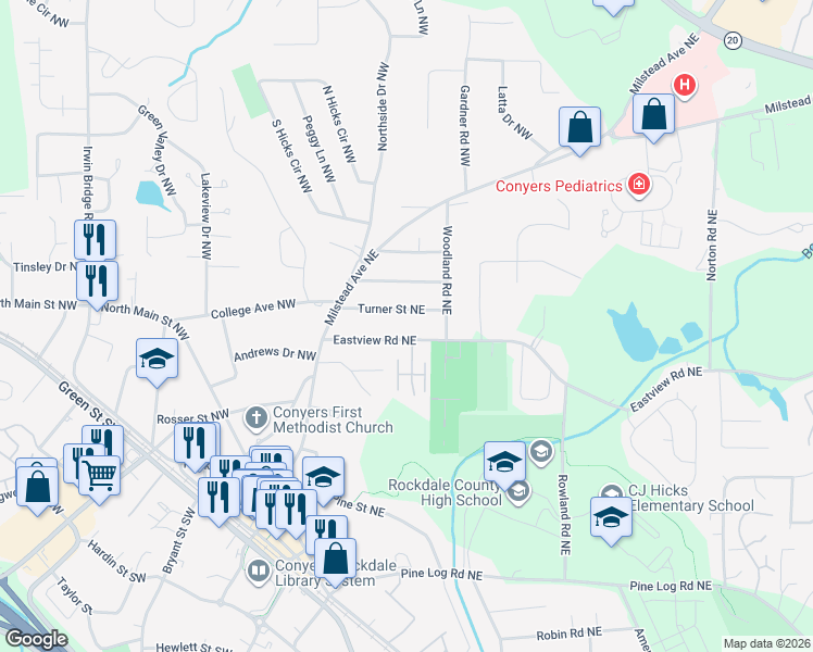 map of restaurants, bars, coffee shops, grocery stores, and more near 1074 Eastview Road Northeast in Conyers