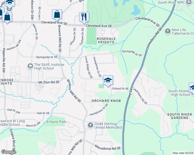 map of restaurants, bars, coffee shops, grocery stores, and more near 366 Susy Griffin Road Southeast in Atlanta