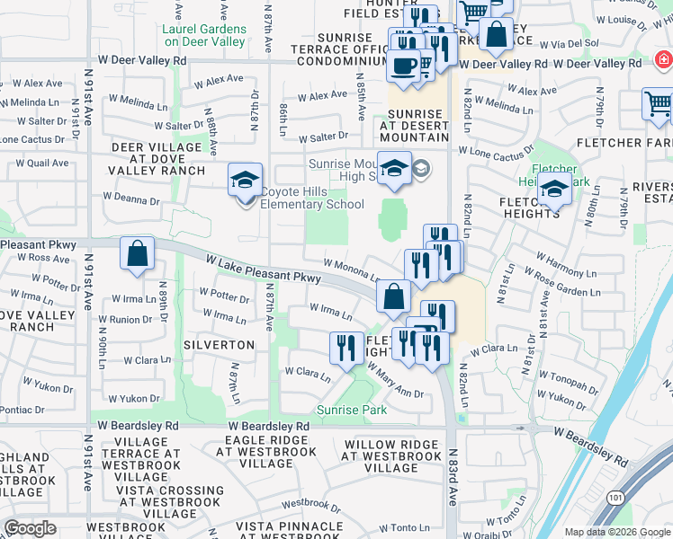 map of restaurants, bars, coffee shops, grocery stores, and more near 8593 West Monona Lane in Peoria