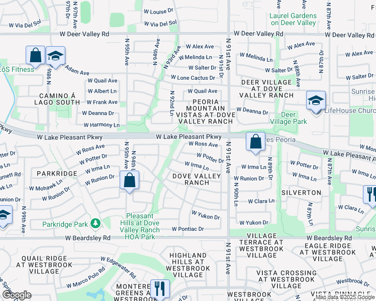 map of restaurants, bars, coffee shops, grocery stores, and more near 9350 West Potter Drive in Peoria
