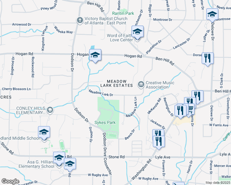 map of restaurants, bars, coffee shops, grocery stores, and more near 2521 Meadow Lark Drive in East Point