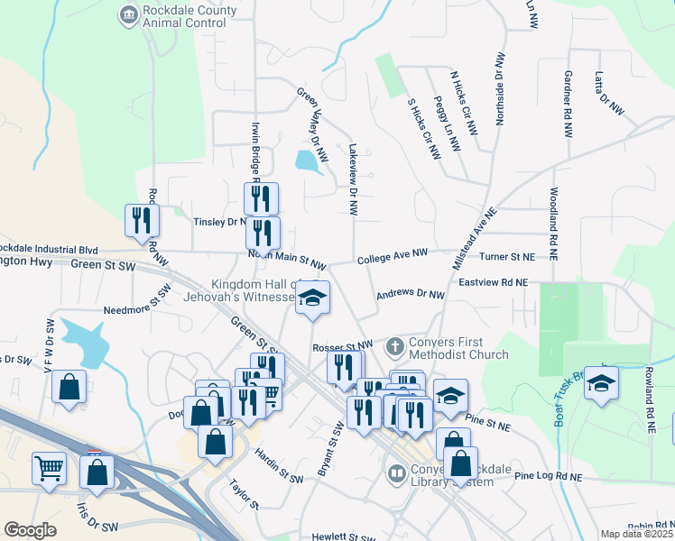 map of restaurants, bars, coffee shops, grocery stores, and more near 1011 North Main Street Northwest in Conyers