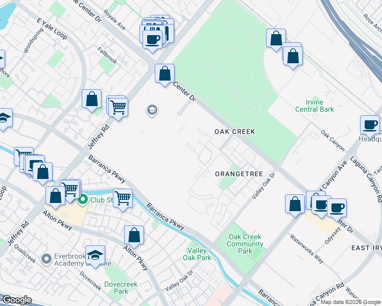 map of restaurants, bars, coffee shops, grocery stores, and more near 261 Tarocco in Irvine