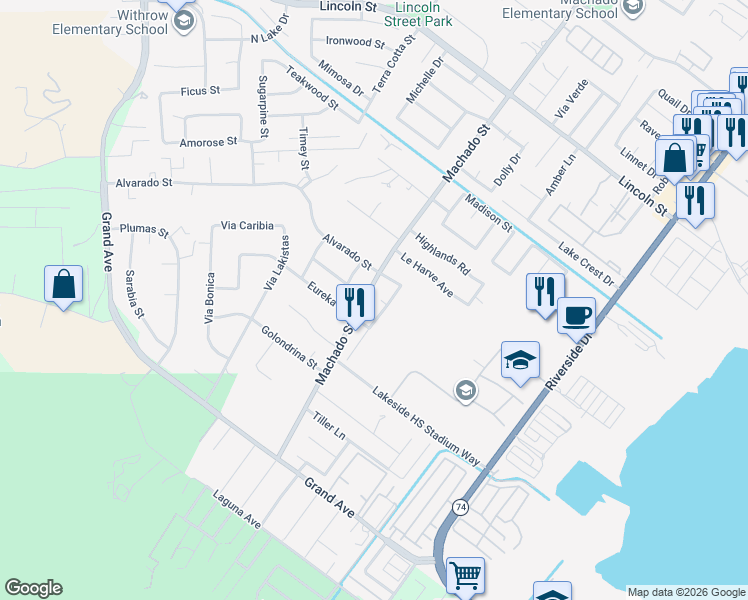 map of restaurants, bars, coffee shops, grocery stores, and more near 1015 Ryan Court in Lake Elsinore