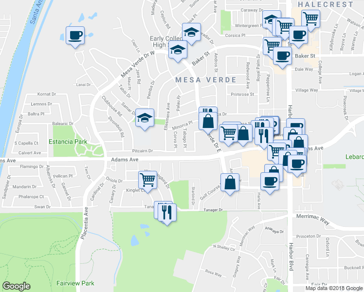 map of restaurants, bars, coffee shops, grocery stores, and more near 2837 Tabago Place in Costa Mesa