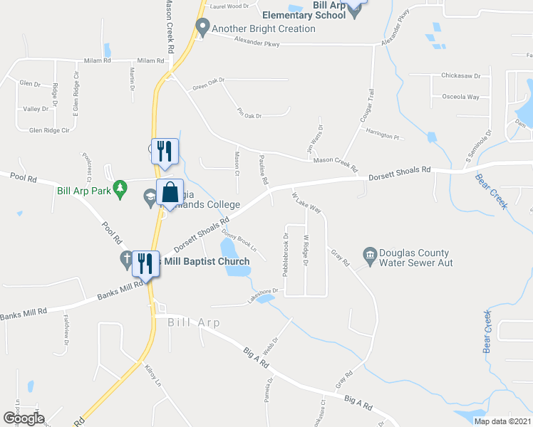map of restaurants, bars, coffee shops, grocery stores, and more near 4875 Panola Court in Douglasville