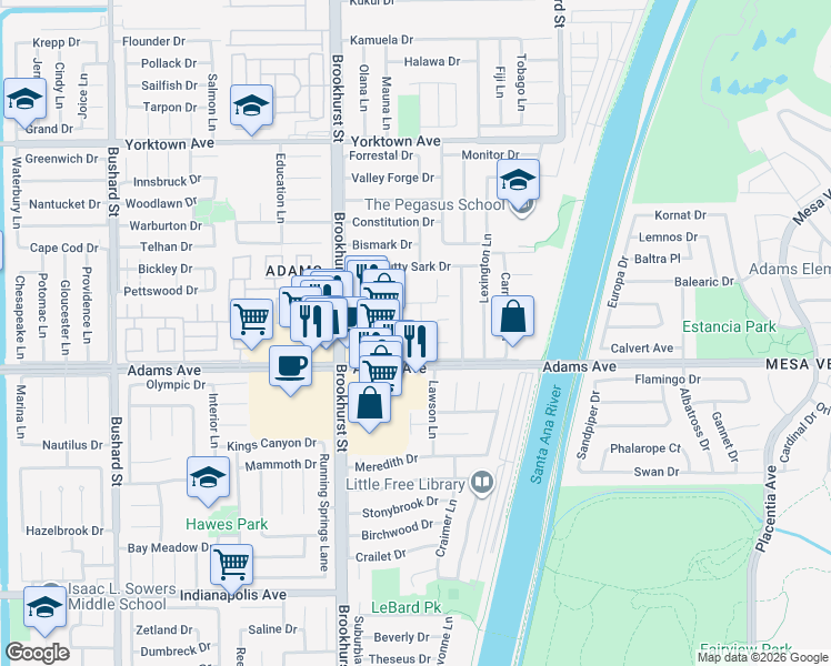 map of restaurants, bars, coffee shops, grocery stores, and more near 19917 Piccadilly Lane in Huntington Beach