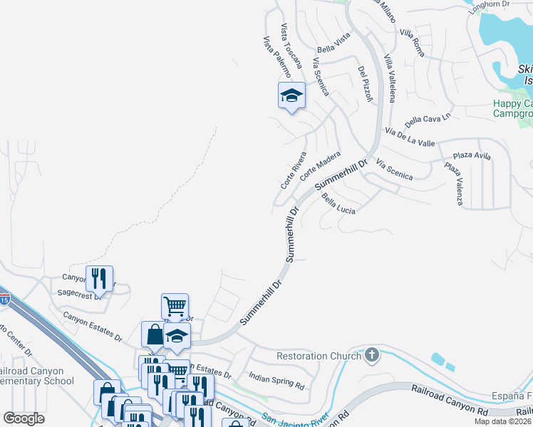 map of restaurants, bars, coffee shops, grocery stores, and more near 34 Corte Rivera in Lake Elsinore