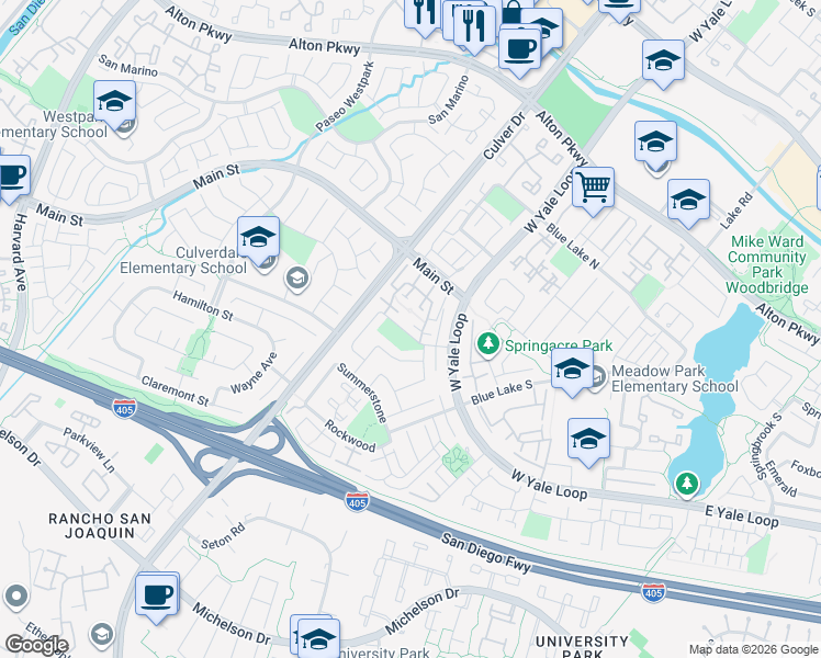 map of restaurants, bars, coffee shops, grocery stores, and more near 40 Timber Run in Irvine
