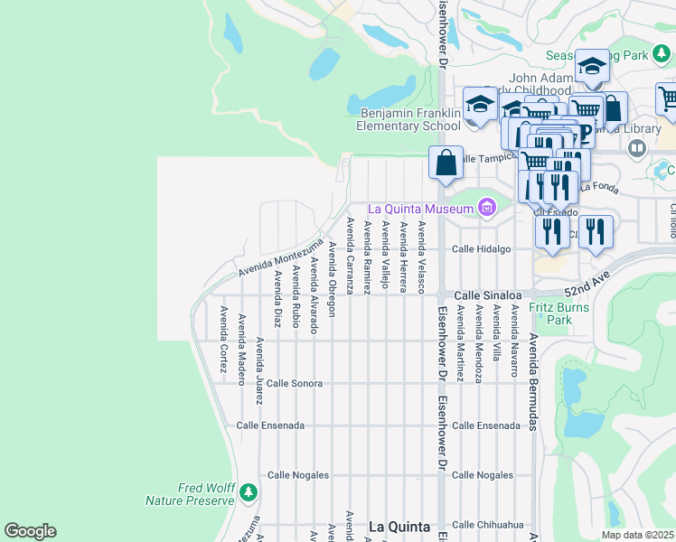 map of restaurants, bars, coffee shops, grocery stores, and more near 51600 Avenue Obregon in La Quinta