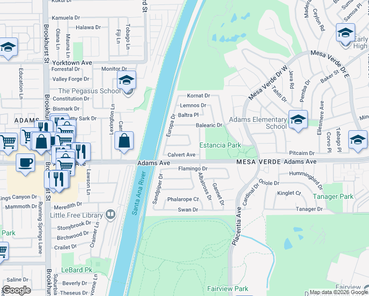 map of restaurants, bars, coffee shops, grocery stores, and more near 2023 South Capella Court in Costa Mesa