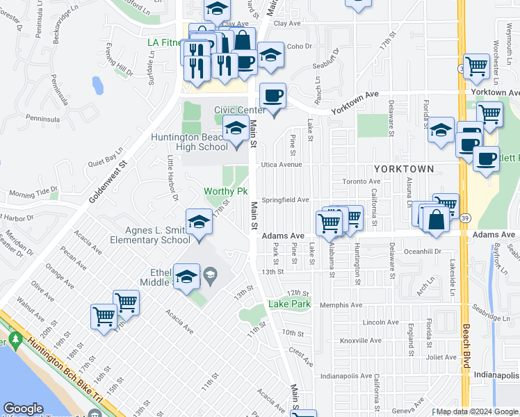 map of restaurants, bars, coffee shops, grocery stores, and more near 1740 Main Street in Huntington Beach