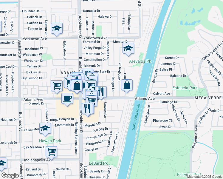 map of restaurants, bars, coffee shops, grocery stores, and more near 19891 Ranger Lane in Huntington Beach
