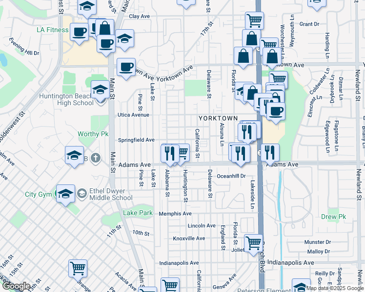 map of restaurants, bars, coffee shops, grocery stores, and more near 1809 Huntington Street in Huntington Beach