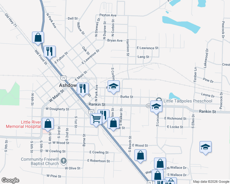 map of restaurants, bars, coffee shops, grocery stores, and more near 410 Burke Street in Ashdown
