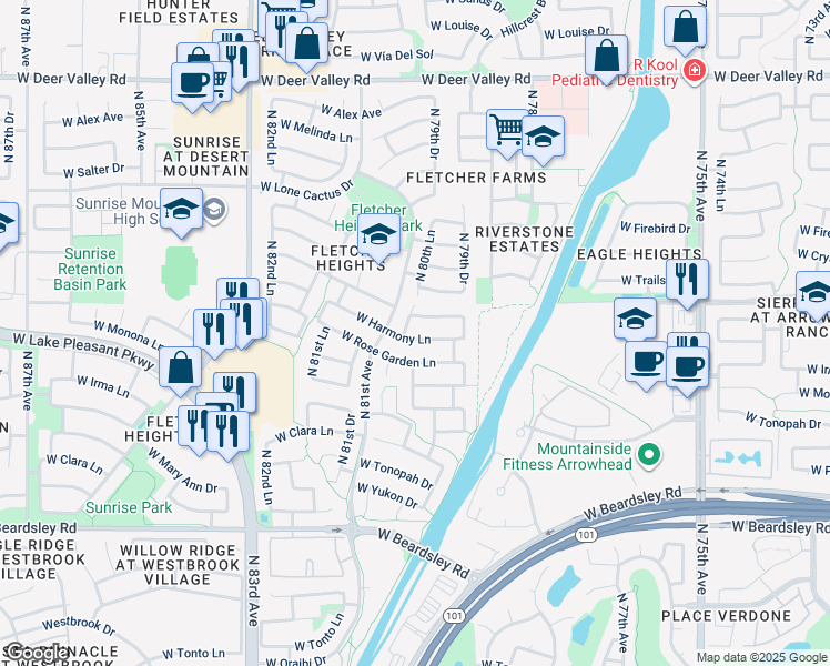 map of restaurants, bars, coffee shops, grocery stores, and more near 8020 West Harmony Lane in Peoria