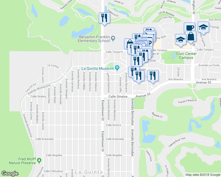 map of restaurants, bars, coffee shops, grocery stores, and more near 51610 Avenue Martinez in La Quinta