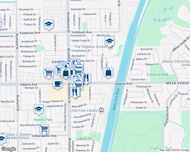 map of restaurants, bars, coffee shops, grocery stores, and more near 19891 Ranger Lane in Huntington Beach