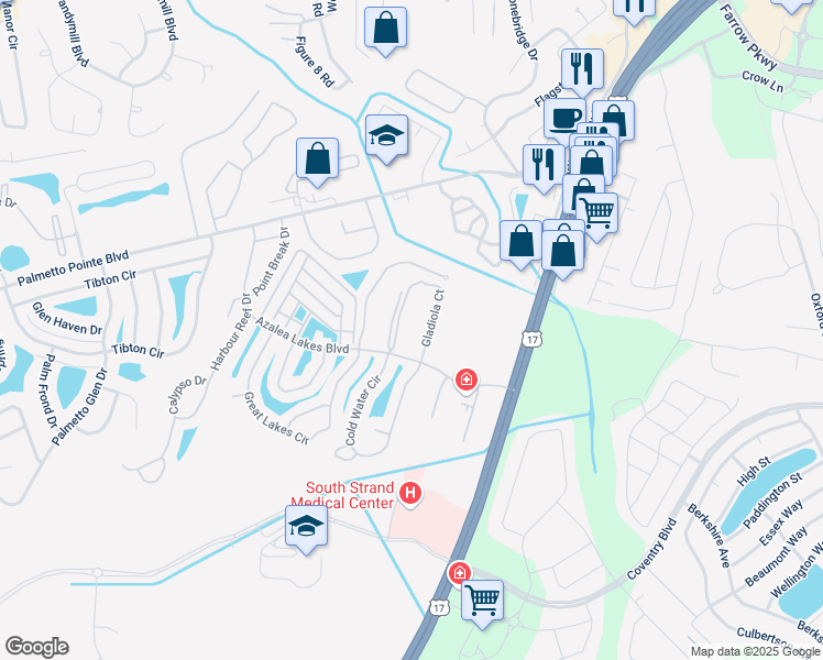 map of restaurants, bars, coffee shops, grocery stores, and more near 3951 Gladiola Court in Myrtle Beach