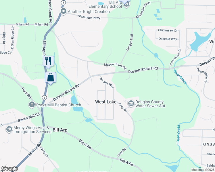 map of restaurants, bars, coffee shops, grocery stores, and more near 4862 West Ridge Drive in Douglasville
