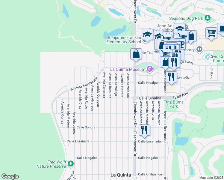 map of restaurants, bars, coffee shops, grocery stores, and more near 51600 Avenue Ramirez in La Quinta