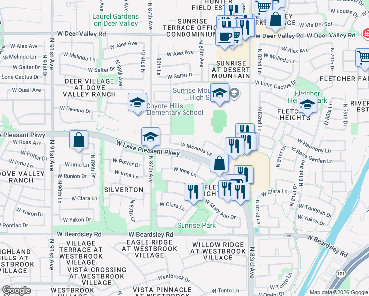 map of restaurants, bars, coffee shops, grocery stores, and more near 8593 West Monona Lane in Peoria