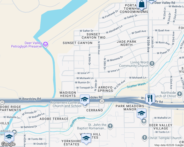 map of restaurants, bars, coffee shops, grocery stores, and more near 3931 West Irma Lane in Glendale
