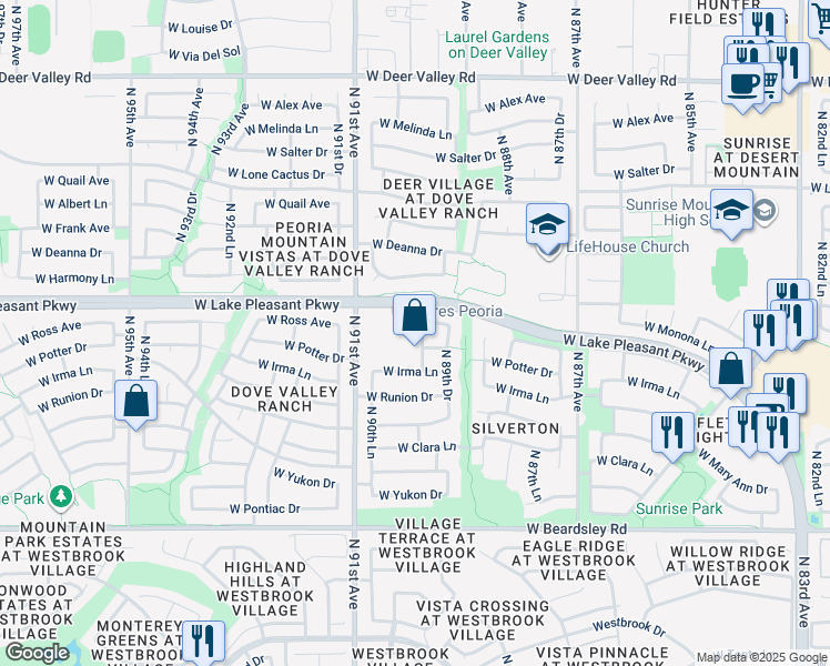 map of restaurants, bars, coffee shops, grocery stores, and more near 20888 North 90th Avenue in Peoria
