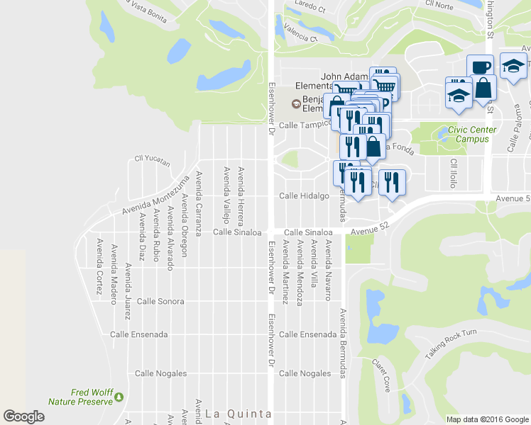 map of restaurants, bars, coffee shops, grocery stores, and more near 51645 Eisenhower Drive in La Quinta