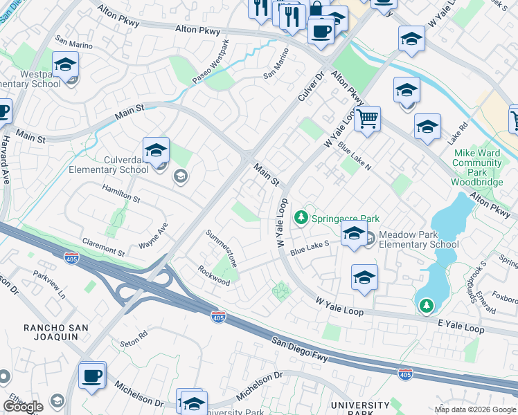 map of restaurants, bars, coffee shops, grocery stores, and more near 40 Timber Run in Irvine