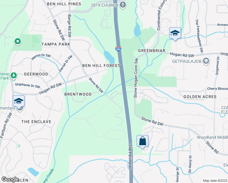 map of restaurants, bars, coffee shops, grocery stores, and more near 3379 Stone Road Southwest in Atlanta