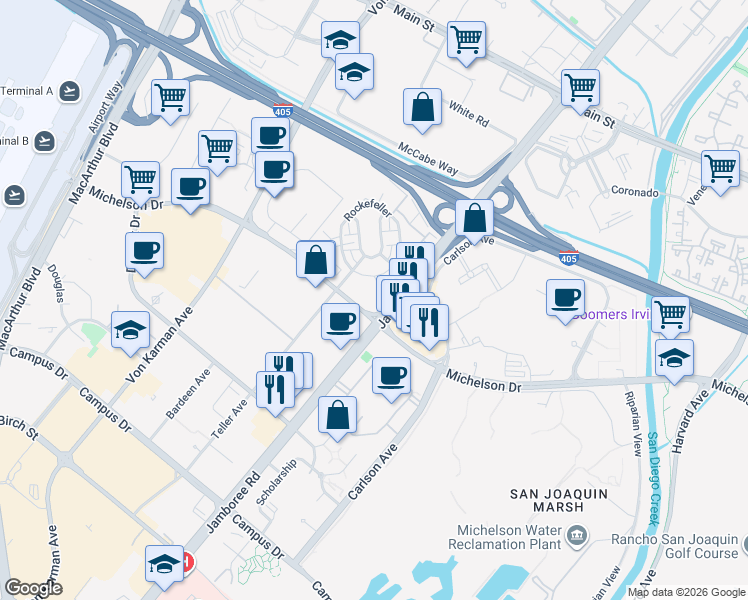 map of restaurants, bars, coffee shops, grocery stores, and more near 3507 Rivington in Irvine