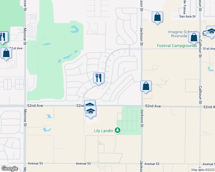 map of restaurants, bars, coffee shops, grocery stores, and more near 51647 Rolling Green Court in Indio